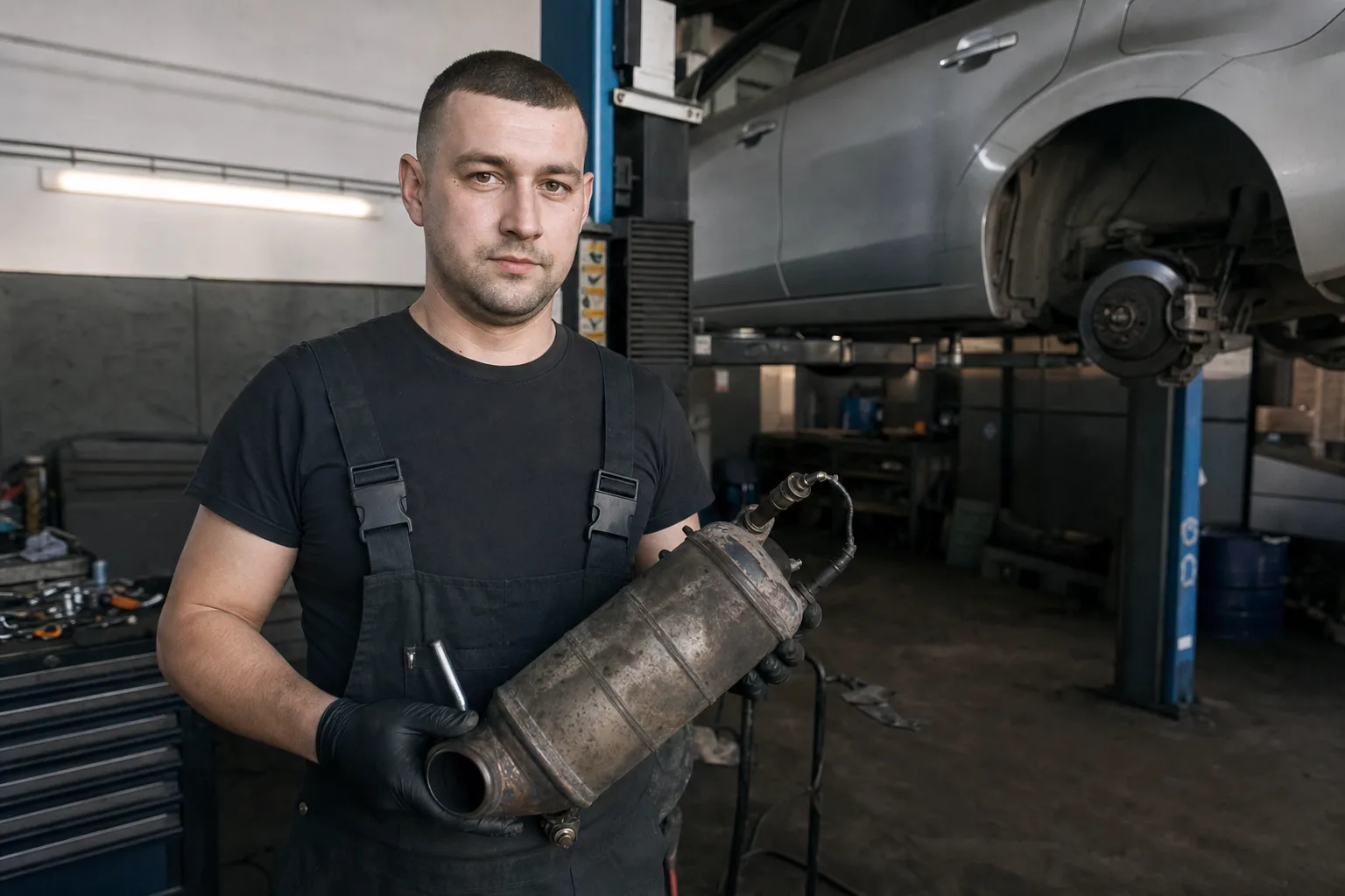 У приміщенні автосервісу майстер тримає в руках демонтований елемент вихлопної системи, схожий на сажовий фільтр або каталізатор. У кадрі одна доросла світлошкі