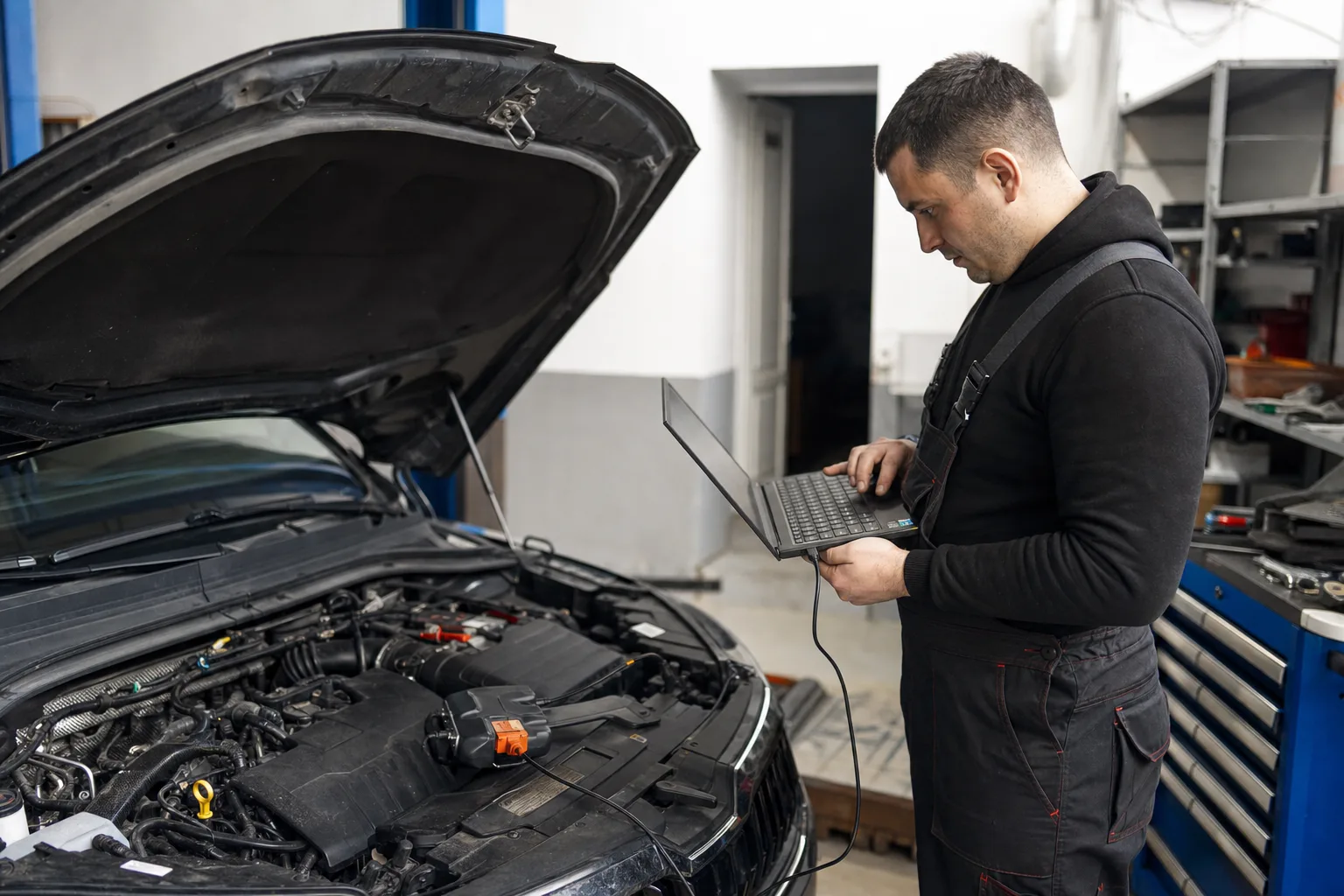 На зображенні зафіксована сцена в автосервісі: чоловік…