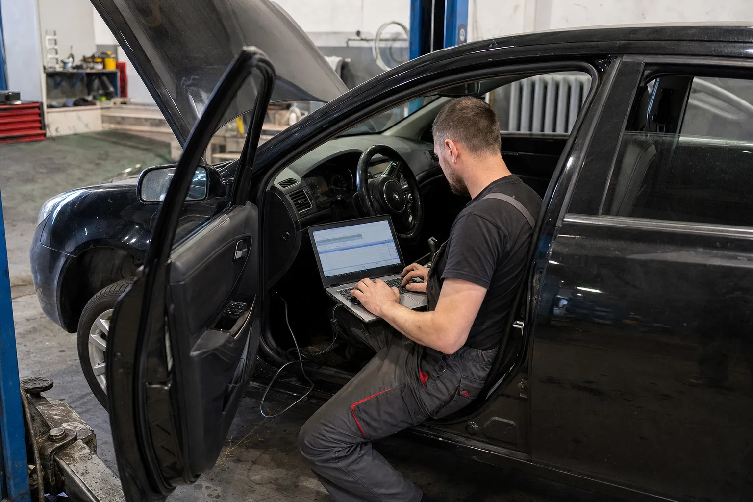 У майстерні автосервісу механік проводить комп’ютерну діагностику чорного автомобіля з відчиненими дверима та піднятим капотом. У кадрі один чоловік приблизно 3