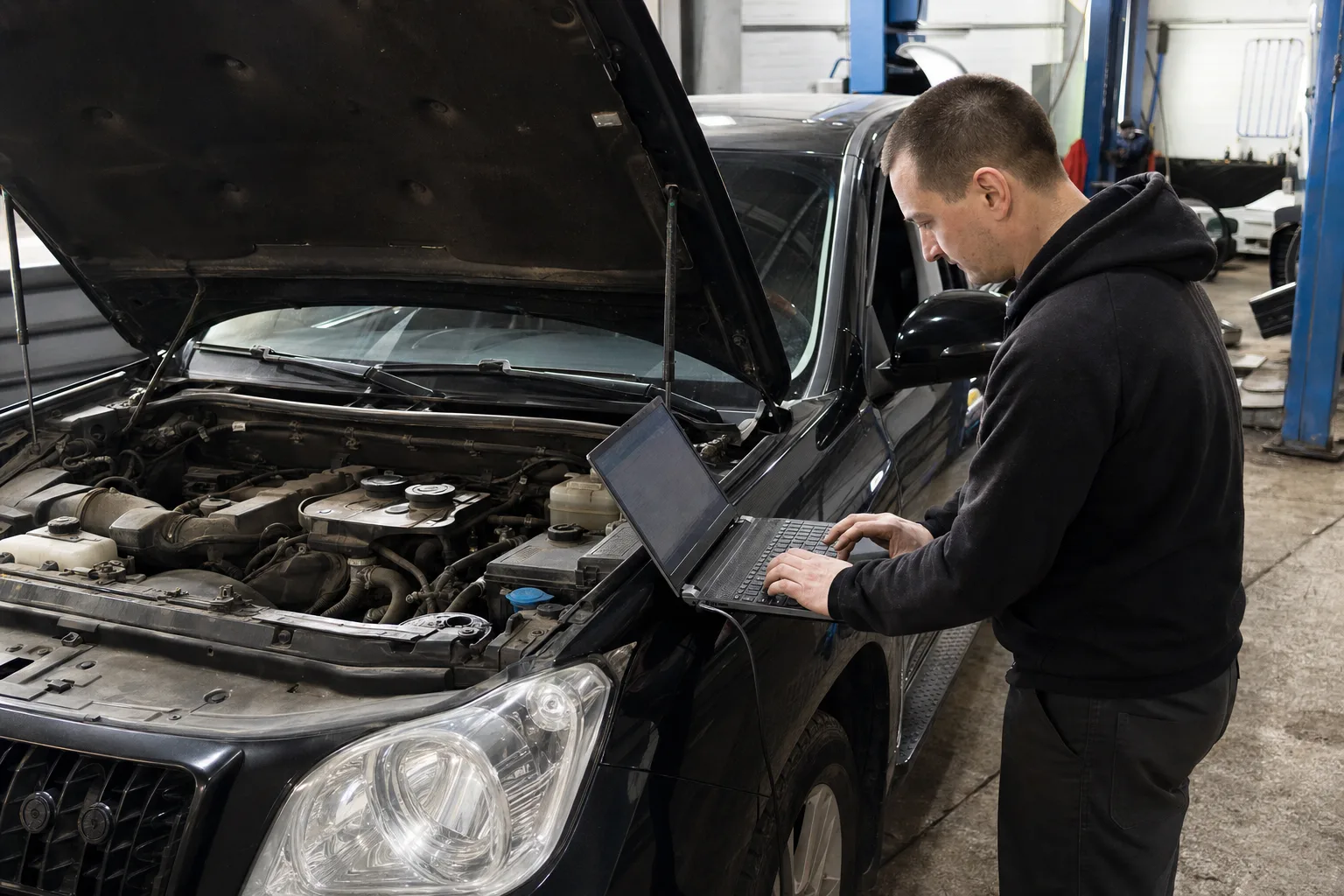 У приміщенні автосервісу майстер проводить комп’ютерну діагностику чорного автомобіля з відкритим капотом. У кадрі одна доросла людина — світлошкірий чоловік єв
